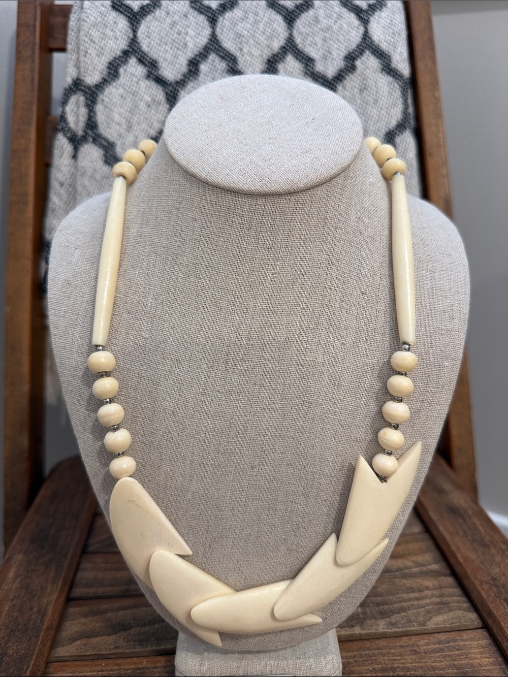 Vintage Statement Necklace – Cream Faux Bone/Ivory Look Boho Tribal Pendant